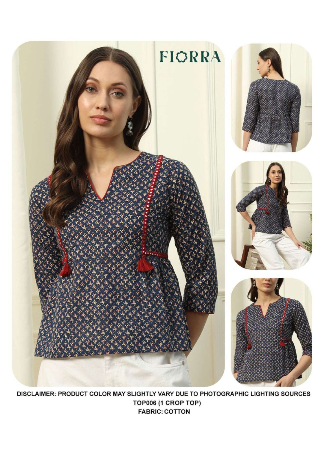 Fiorra TOP006 Blue Printed Cotton Western Top Exporters In India
